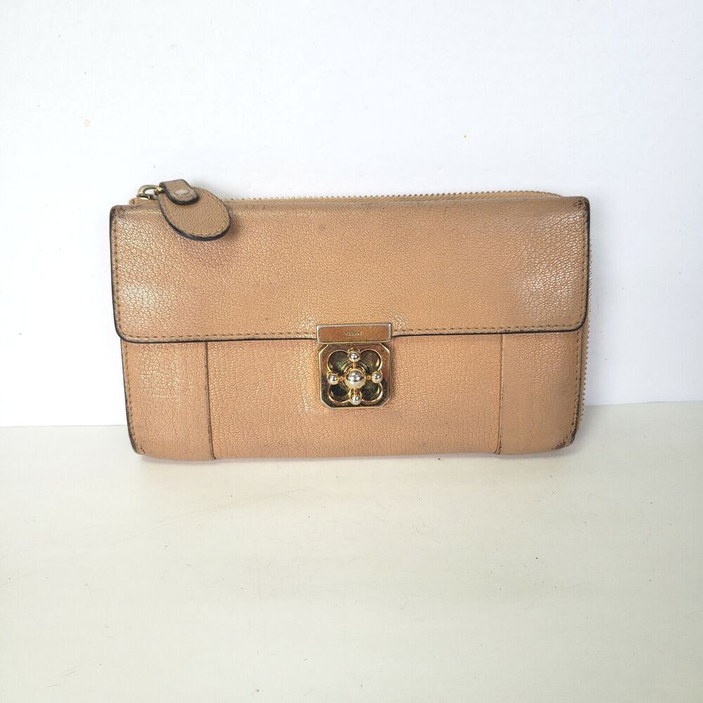 Chloe Elsie Leather‎ Long Zip Wallet Clutch Turnlock Tan Beige Large Continental